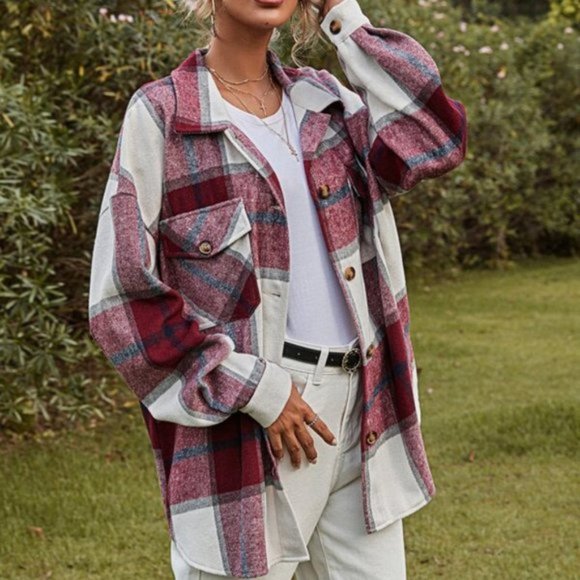 Plaid Button Front Oversized Overshirt / SHACKET - Picture 6 of 7